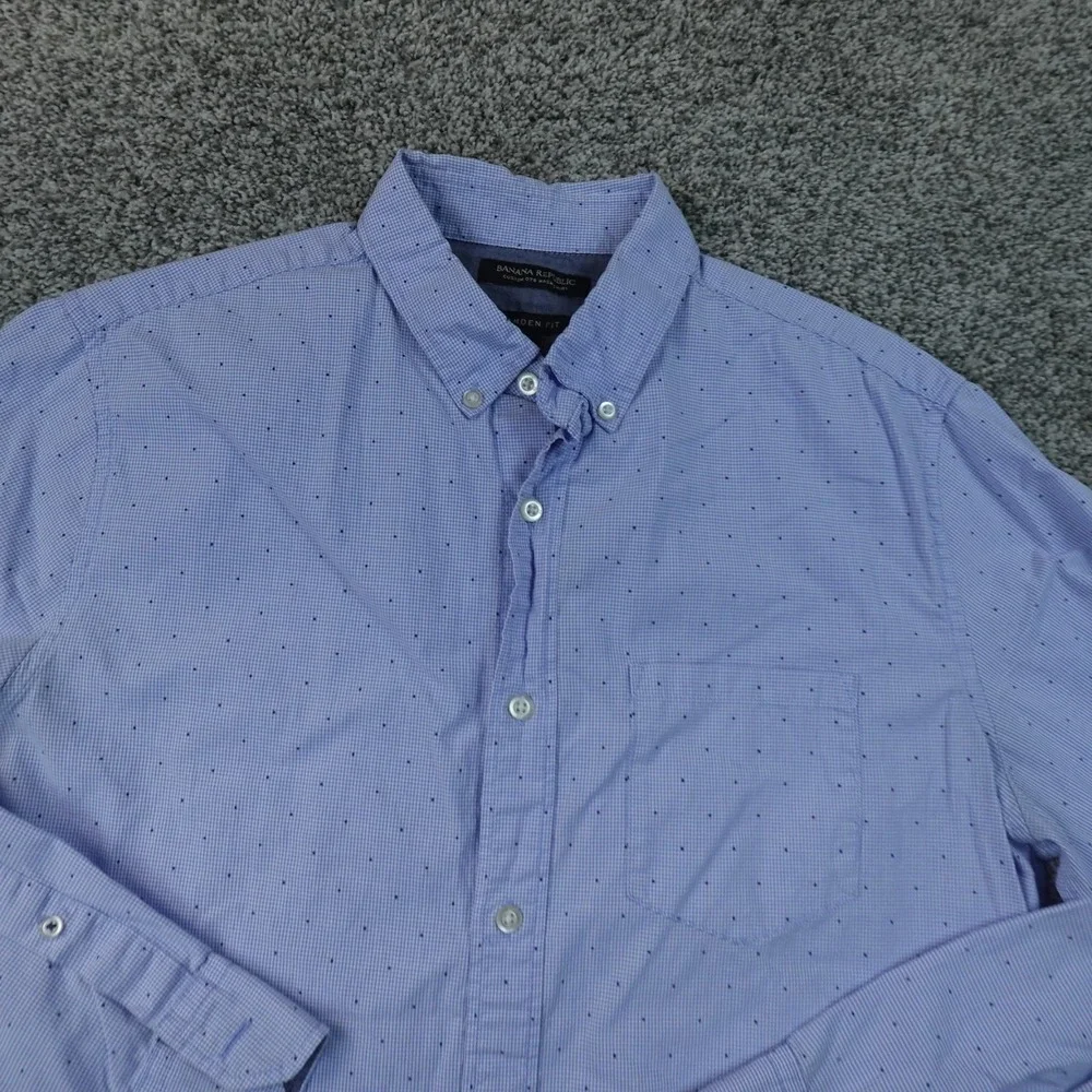 Banana Republic Shirt Mens M Blue Polka Dot Check Button Up Long Sleeve Preppy